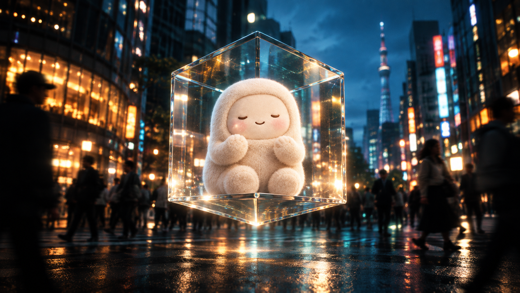 Muse floating inside a glass cube above a rain-soaked Tokyo street